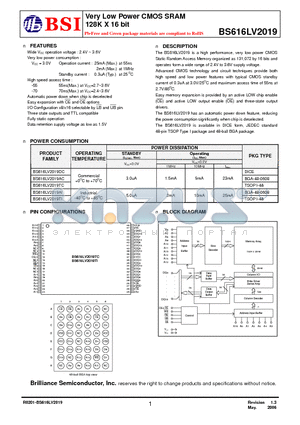 BS616LV2019DC70 datasheet - Very Low Power CMOS SRAM 128K X 16 bit