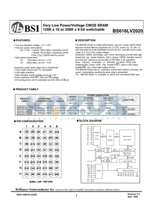 BS616LV2020 datasheet - Very Low Power/Voltage CMOS SRAM 128K x 16 or 256K x 8 bit switchable