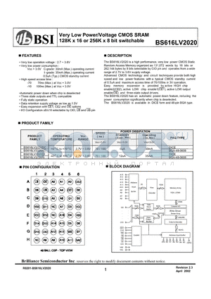 BS616LV2020DC datasheet - Very Low Power/Voltage CMOS SRAM 128K x 16 or 256K x 8 bit switchable