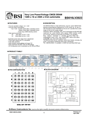 BS616LV2023 datasheet - Very Low Power/Voltage CMOS SRAM 128K x 16 or 256K x 8 bit switchable