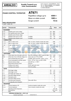 AT671 datasheet - PHASE CONTROL THYRISTOR