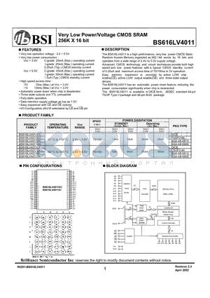 BS616LV4011BI datasheet - Very Low Power/Voltage CMOS SRAM 256K X 16 bit