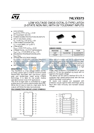 74LVX573TTR datasheet - LOW VOLTAGE CMOS OCTAL D-TYPE LATCH (3-STATE NON INV.) WITH 5V TOLERANT INPUTS