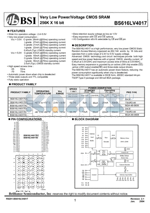 BS616LV4017DI datasheet - Very Low Power/Voltage CMOS SRAM 256K X 16 bit