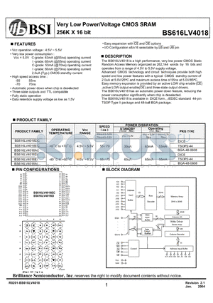 BS616LV4018DI datasheet - Very Low Power/Voltage CMOS SRAM 256K X 16 bit