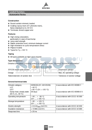 B72214S1140K102 datasheet - Leaded Varistors Automotive Series