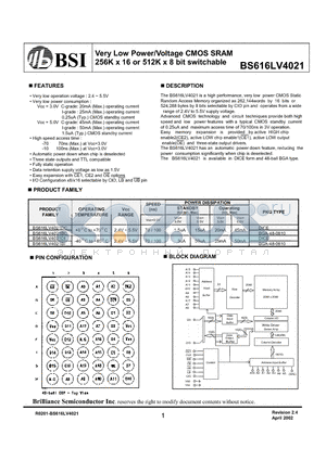 BS616LV4021DI datasheet - Very Low Power/Voltage CMOS SRAM 256K x 16 or 512K x 8 bit switchable