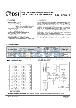 BS616LV4025BI datasheet - Very Low Power/Voltage CMOS SRAM 256K x 16 or 512K x 8 bit switchable