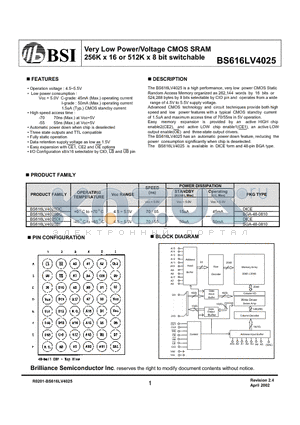 BS616LV4025DI datasheet - Very Low Power/Voltage CMOS SRAM 256K x 16 or 512K x 8 bit switchable