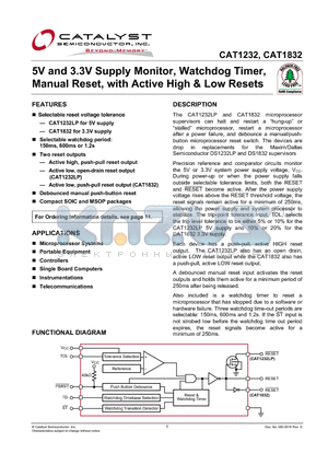 CAT1832 datasheet - 5V and 3.3V Supply Monitor, Watchdog Timer, Manual Reset, with Active High & Low Resets