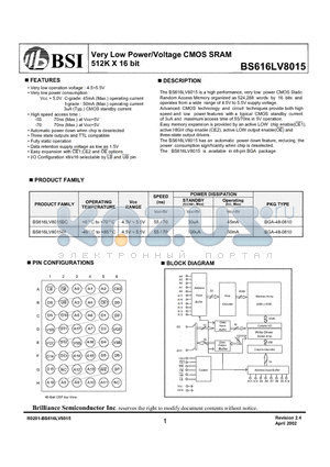 BS616LV8015BC datasheet - Very Low Power/Voltage CMOS SRAM 512K X 16 bit