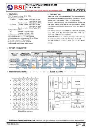 BS616LV8016DIG55 datasheet - Very Low Power CMOS SRAM 512K X 16 bit