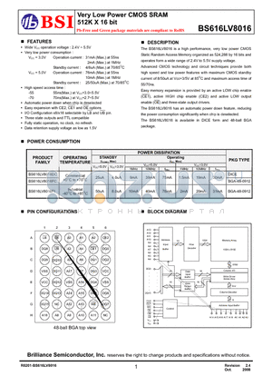 BS616LV8016DIP55 datasheet - Very Low Power CMOS SRAM 512K X 16 bit