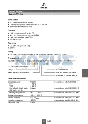 B72220S3231K101 datasheet - Leaded Varistors SuperioR Series