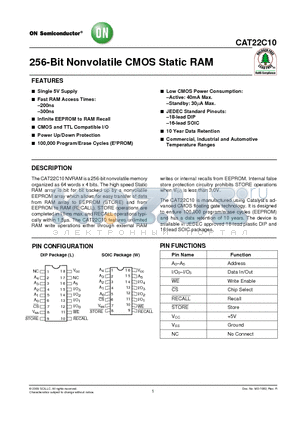 CAT22C10WE-30-T1 datasheet - 256-Bit Nonvolatile CMOS Static RAM