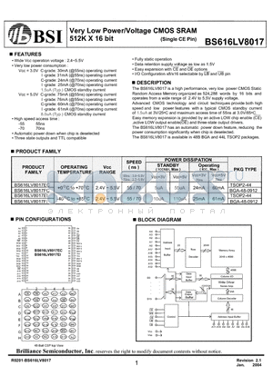 BS616LV8017ECG70 datasheet - Very Low Power/Voltage CMOS SRAM 512K X 16 bit