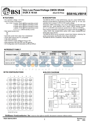 BS616LV8018FCP55 datasheet - Very Low Power/Voltage CMOS SRAM 512K X 16 bit