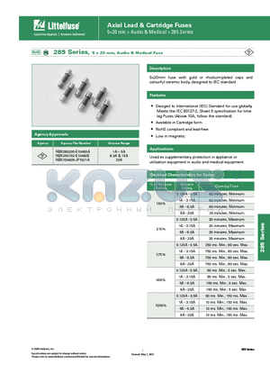 0285.125HXP datasheet - 285 Series, 5 x 20 mm, Audio & Medical Fuse