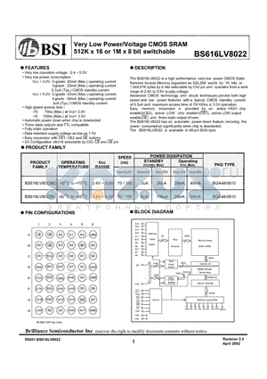 BS616LV8022BI datasheet - Very Low Power/Voltage CMOS SRAM 512K x 16 or 1M x 8 bit switchable