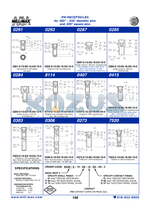 0291-0-15-15-16-27-10-0 datasheet - PIN RECEPTACLES for .022 - .034 diameter pins and .025 square pins