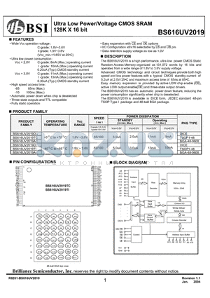 BS616UV2019AIG10 datasheet - Ultra Low Power/Voltage CMOS SRAM 128K X 16 bit