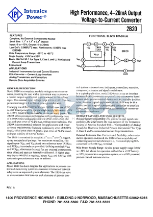 2B20 datasheet - High Performance, 4-20mA Output Voltage-to-Current Converter