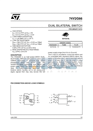 74V2G66STR datasheet - DUAL BILATERAL SWITCH