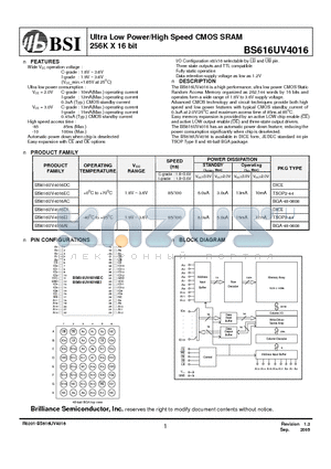 BS616UV4016DCG85 datasheet - Ultra Low Power/High Speed CMOS SRAM 256K X 16 Bit