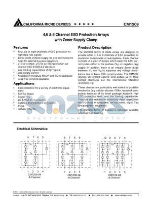 CM1209-08MR datasheet - 4,6 & 8 Channel ESD Protection Arrays with Zener Supply Clamp