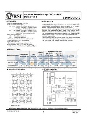 BS616UV8010 datasheet - Ultra Low Power/Voltage CMOS SRAM 512K X 16 bit