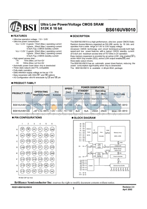 BS616UV8010BC datasheet - Ultra Low Power/Voltage CMOS SRAM 512K X 16 bit