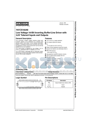 74VCX16240MTD datasheet - Low Voltage 16-Bit Inverting Buffer/Line Driver with 3.6V Tolerant Inputs and Outputs