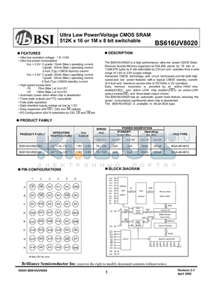 BS616UV8020BI datasheet - Ultra Low Power/Voltage CMOS SRAM 512K x 16 or 1M x 8 bit switchable