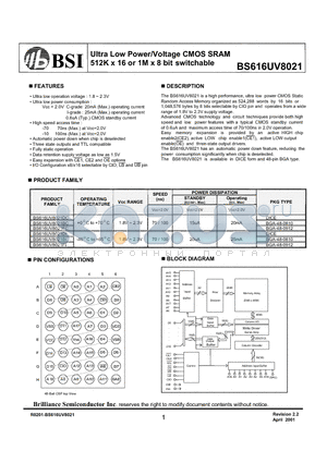 BS616UV8021FC datasheet - Ultra Low Power/Voltage CMOS SRAM 512K x 16 or 1M x 8 bit switchable