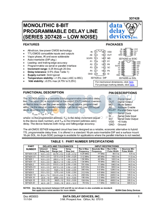 3D7428-1.5 datasheet - MONOLITHIC 8-BIT PROGRAMMABLE DELAY LINE