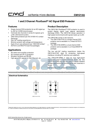 CM1214A datasheet - 1 and 2 Channel PicoGuardTM AC Signal ESD Protector