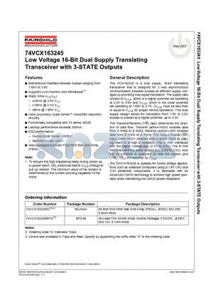 74VCX163245G_07 datasheet - Low Voltage 16-Bit Dual Supply Translating Transceiver with 3-STATE Outputs