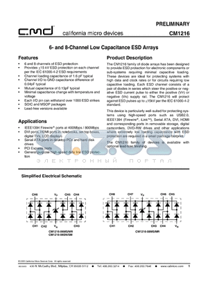 CM1216-06MR datasheet - 6- and 8-Channel Low Capacitance ESD Arrays