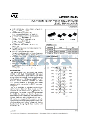 74VCX163245TTR datasheet - 16-BIT DUAL SUPPLY BUS TRANSCEIVER LEVEL TRANSLATOR