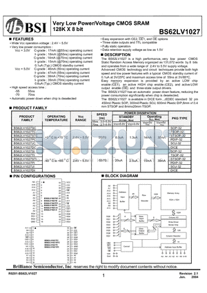 BS62LV1027DIP70 datasheet - Very Low Power/Voltage CMOS SRAM