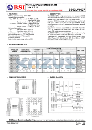 BS62LV1027HCG70 datasheet - Very Low Power CMOS SRAM 128K X 8 bit