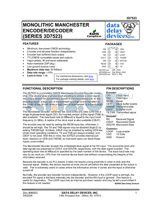 3D7523D-20 datasheet - MONOLITHIC MANCHESTER ENCODER/DECODER