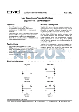 CM1219 datasheet - Low Capacitance Transient Voltage Suppressors / ESD Protectors