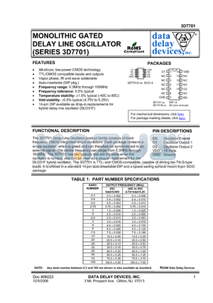 3D7701 datasheet - MONOLITHIC GATED DELAY LINE OSCILLATOR