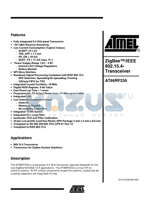 AT86RF230-ZU datasheet - ZigBee/IEEE 802.15.4-Transceiver