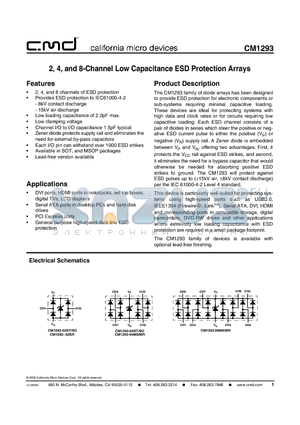 CM1293 datasheet - 2, 4, and 8-Channel Low Capacitance ESD Protection Arrays