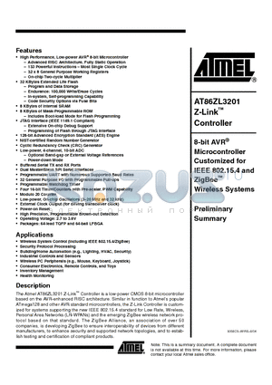 AT86ZL3201 datasheet - AT86ZL3201 Z-Link Controller Customized for IEEE 802.15.4 and ZigBee Wireless Systems