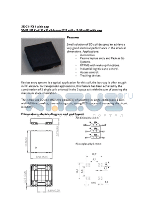 3DC11CAP-0477J datasheet - SMD 3D Coil 11x11x3.6 mm (7.2 mH - 2.38 mH) with cap