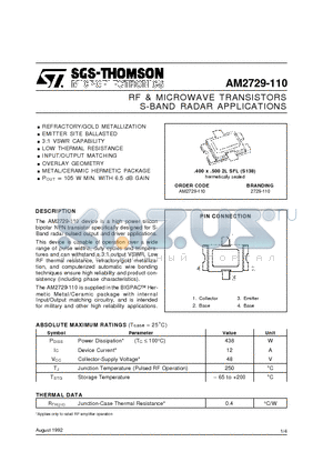 AM2729-110 datasheet - S-BAND RADAR APPLICATIONS RF & MICROWAVE TRANSISTORS