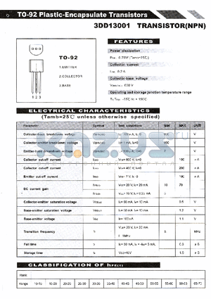 3DD13001 datasheet - TO 92 PLASTIC ENCAPSULATE TRANSISTORS